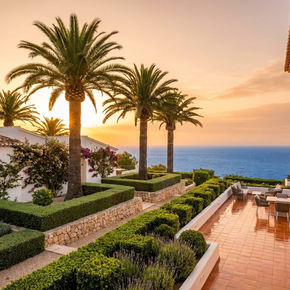 Mediterranean villa garden with palm trees and sea view cared for by Palm Kings